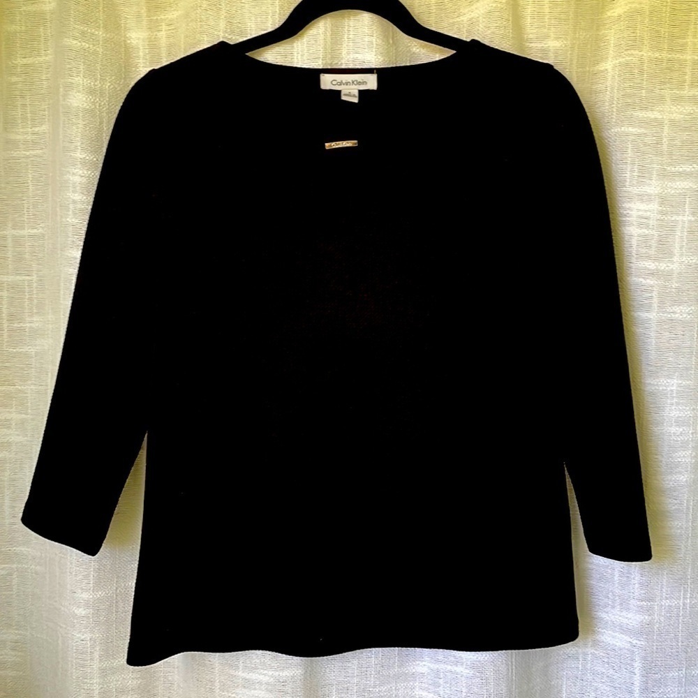 Calvin Klein Women 3/4 Sleeve Black Top Silver Tone Logo Bar Small